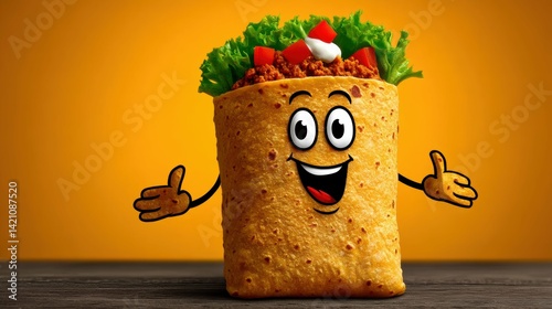 The Cute Cartoon Burrito Character is a cheerful, round character with a smiley face and bright, colorful toppings like tomatoes