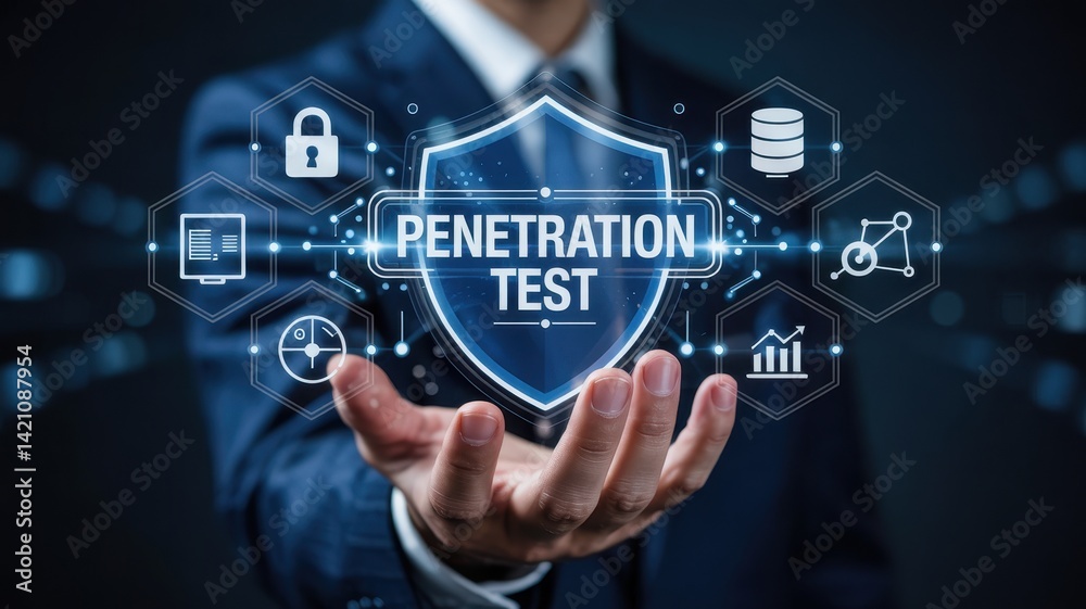 Businessperson displays a digital penetration test shield. Businessperson displays a digital penetration test shield.