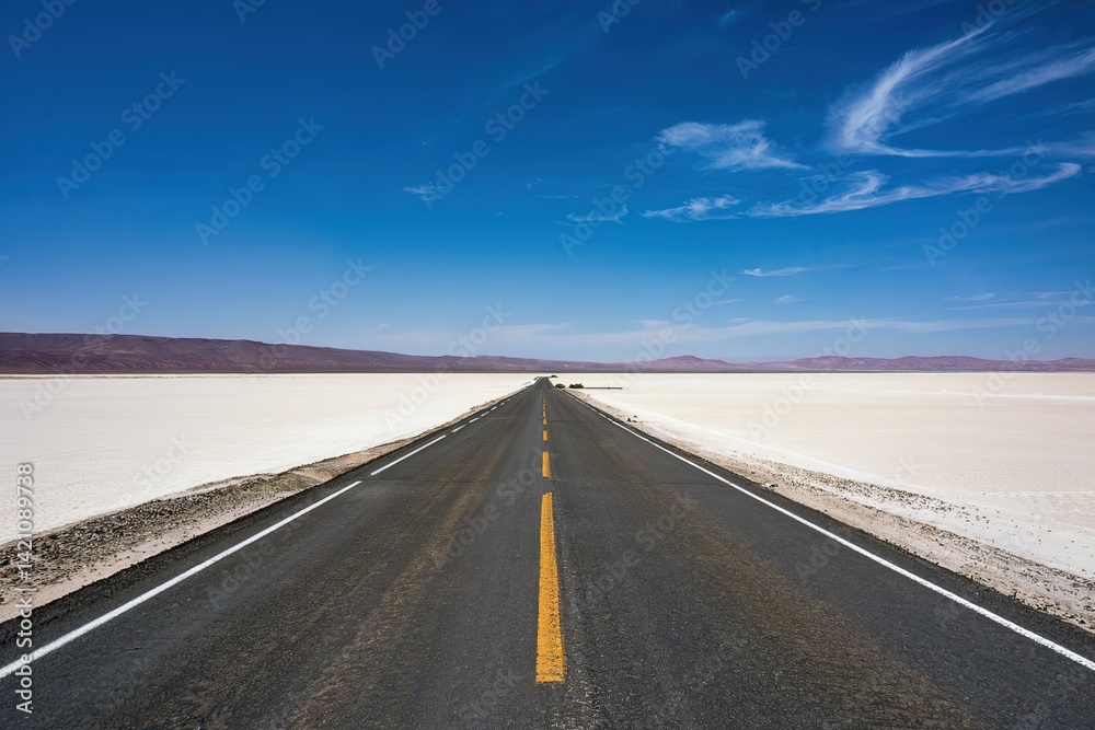 Naklejka premium Long straight road stretching across a vast desert landscape under a clear blue sky