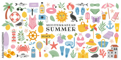 Cute mediterranean summer set. Dolce vita Italian beach elements. Hand drawn vector illustration