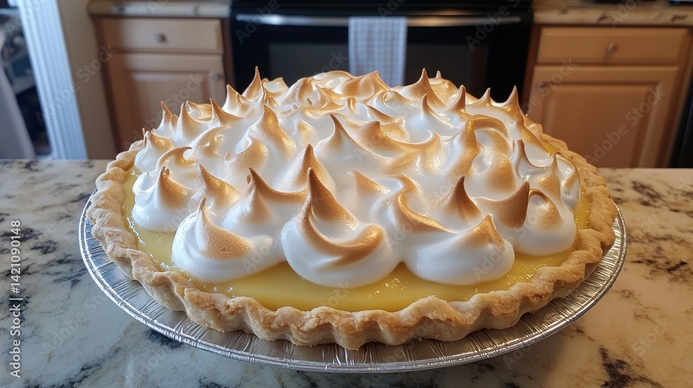 Lemon meringue pie with golden peaks sitting on a marble countertop. Perfect for baking blogs, recipe cards, or restaurant promotional materials. Lemon meringue pie with golden peaks sitting on a marble countertop. Perfect for baking blogs, recipe cards, or restaurant promotional materials.