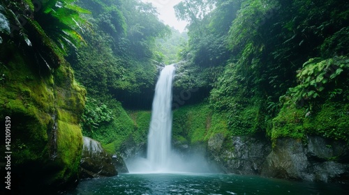 Serene waterfall cascading over rocks surrounded by lush green forest, tranquil nature landscape in a peaceful wilderness setting