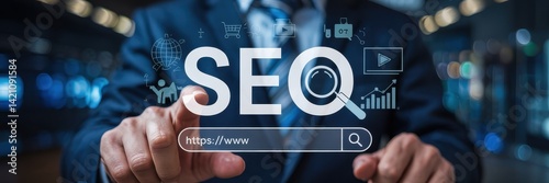 Hands interacting with a digital seo interface. photo