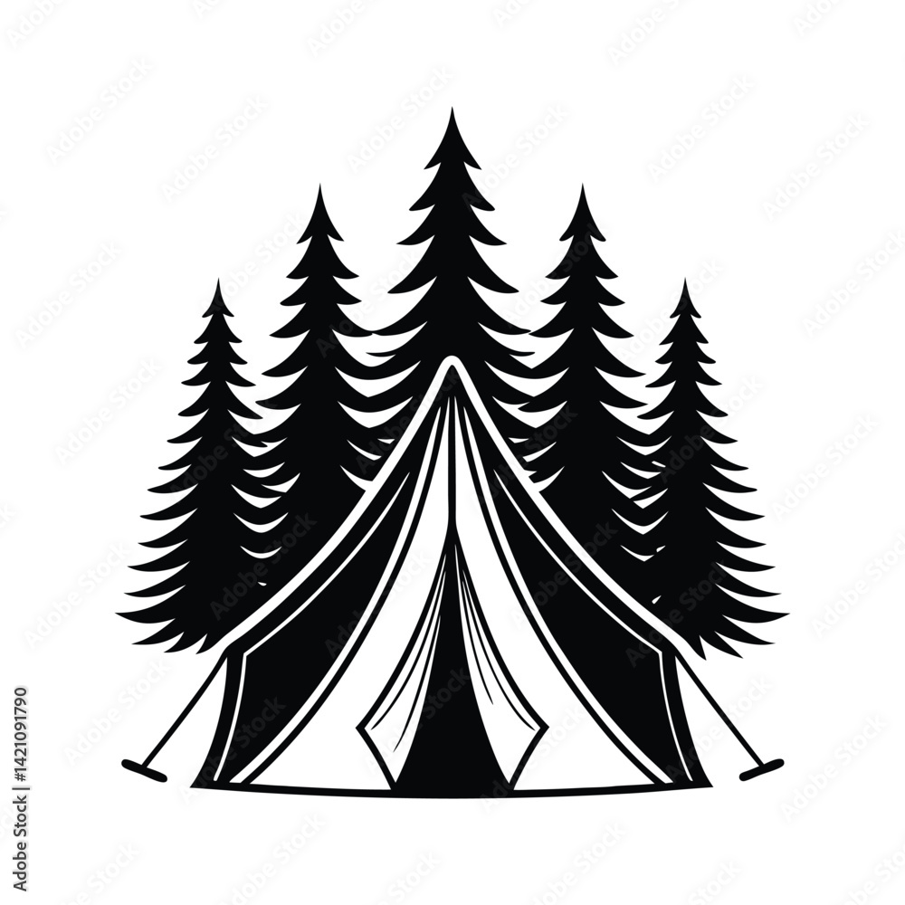 Obraz premium Dark silhouette of a pitched tent with an open flap, Art & Illustration on a white background