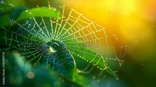 Spider web covered in dew droplets shines bright in magical golden hour light. Atmospheric macro video capturing serene morning mood and natural bokeh effects. Vision of tranquil awakening. 