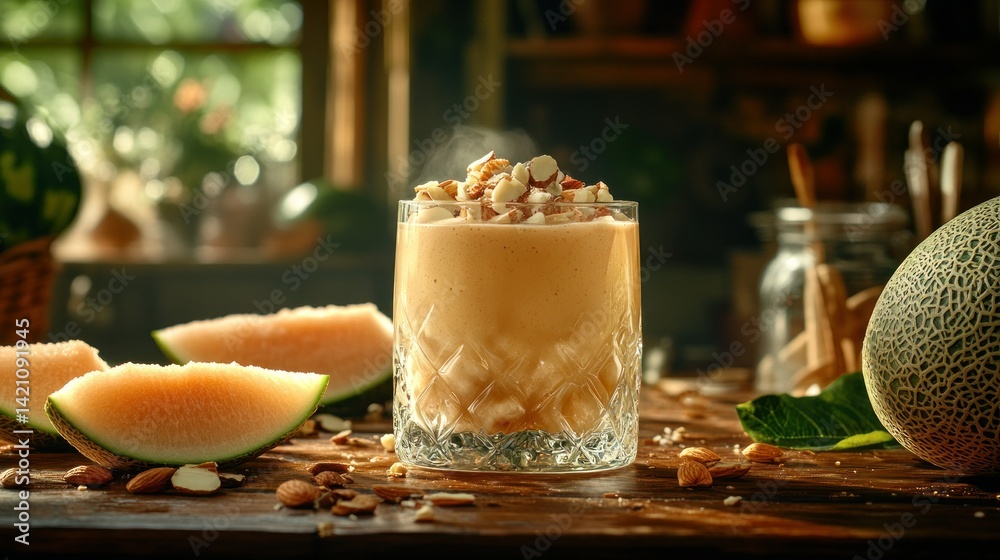 Obraz premium Refreshing melon smoothie topped with nuts