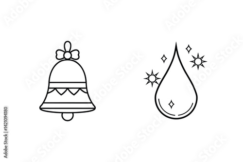 Minimalist Icon Set Featuring Christmas Bell And Sparkling Water Drop Outlines