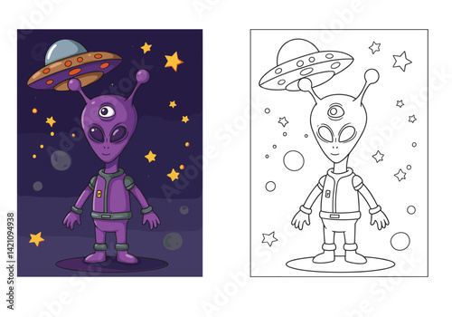 Cute purple alien character with UFO in a starry space scene. Coloring book or page with colored example.