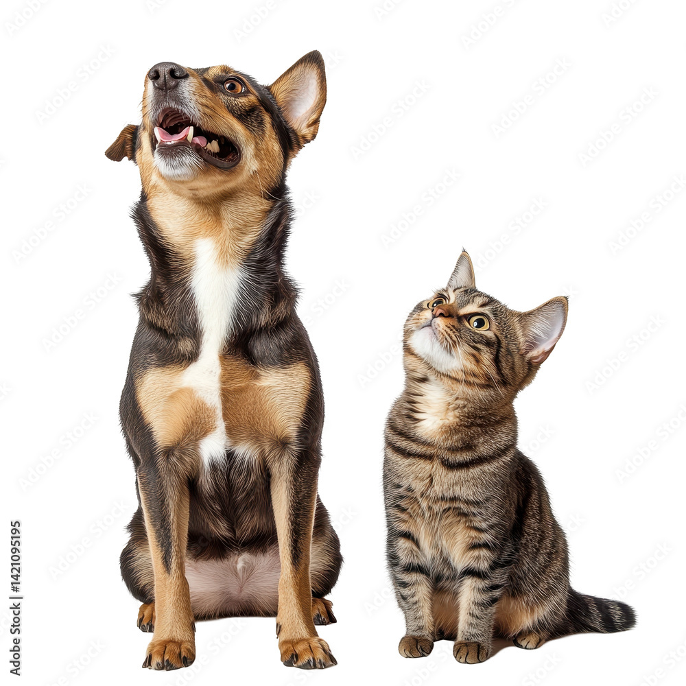 Obraz premium Pet friends dog and cat looking up together full of curiosity and energy on white background