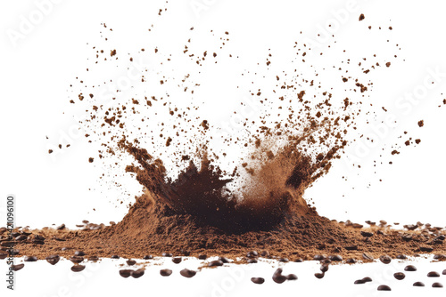 Powder blast of ground coffee or cocoa suspended in air over a pure white background
