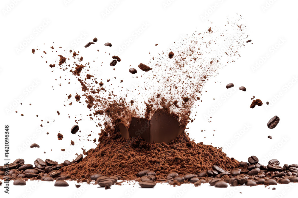 Flying particles of brown powder captured mid explosion against white background for bold graphic effect Flying particles of brown powder captured mid explosion against white background for bold graphic effect