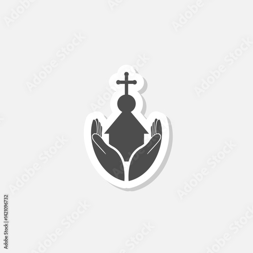 Church and pray hands icon sticker isolated on gray background