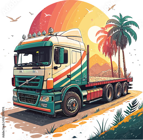 Colorful Big Truck Vector Illustration – Side View