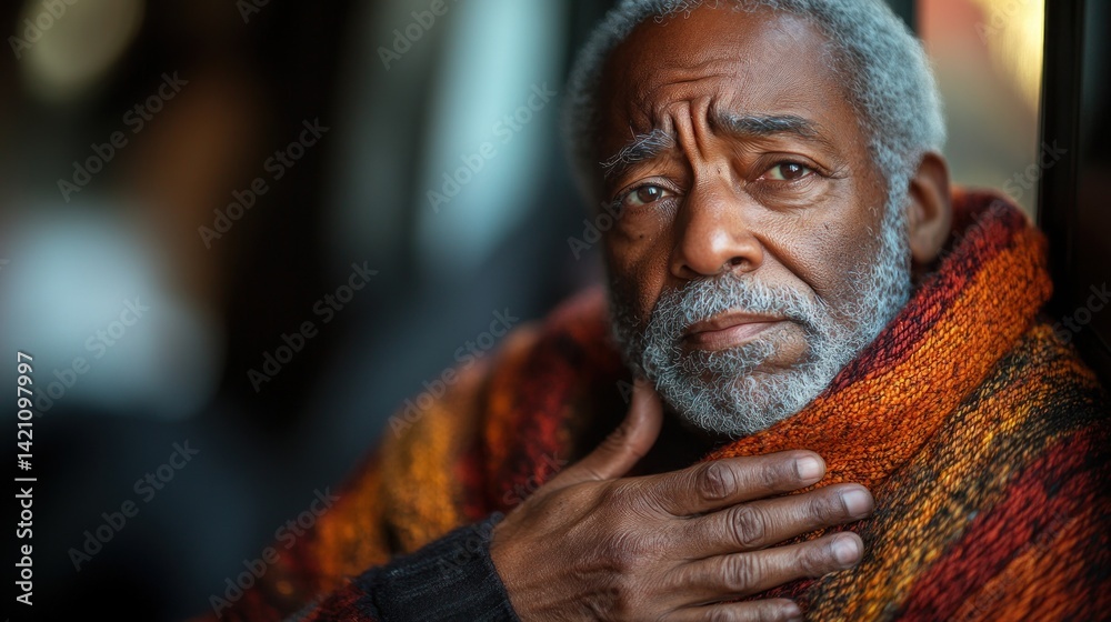Portrait of a thoughtful elderly African American man wrapped in a warm blanket, conveying a sense of contemplation and quiet strength. Portrait of a thoughtful elderly African American man wrapped in a warm blanket, conveying a sense of contemplation and quiet strength.