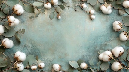 Elegant cotton flowers and eucalyptus leaves on teal background card soft frame white green plant