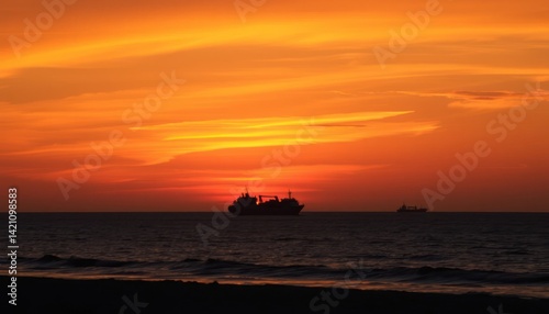 Sunset over ocean with ships