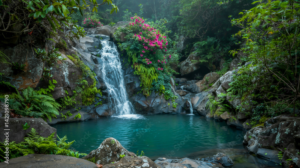 Waterfall cascading into a turquoise pool surrounded by ferns and pink azaleas, long exposure water effectv Waterfall cascading into a turquoise pool surrounded by ferns and pink azaleas, long exposure water effectv