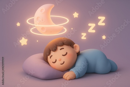 Dreamland Serenity: A charming illustration of a peaceful child soundly sleeping on a pillow. The scene is gently lit by a glowing crescent moon, evoking feelings of tranquility and comfort.