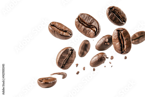 Coffee beans in free fall with scattered particles creating motion against a plain white background