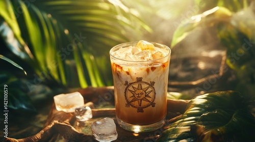 Lush jungle island with treasure map trails inside a glass of iced coffee, sun glinting off ice cubes shaped like pirate symbols
