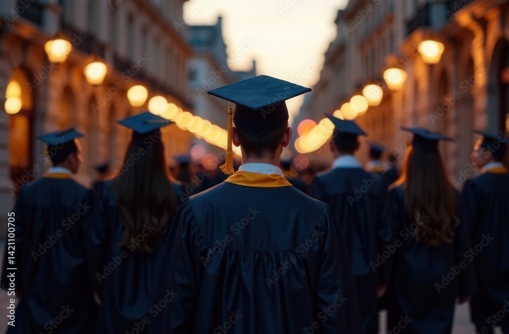 Obraz premium Back view of group of under evening sky with fairy lights around, cinematic style, graduation party
