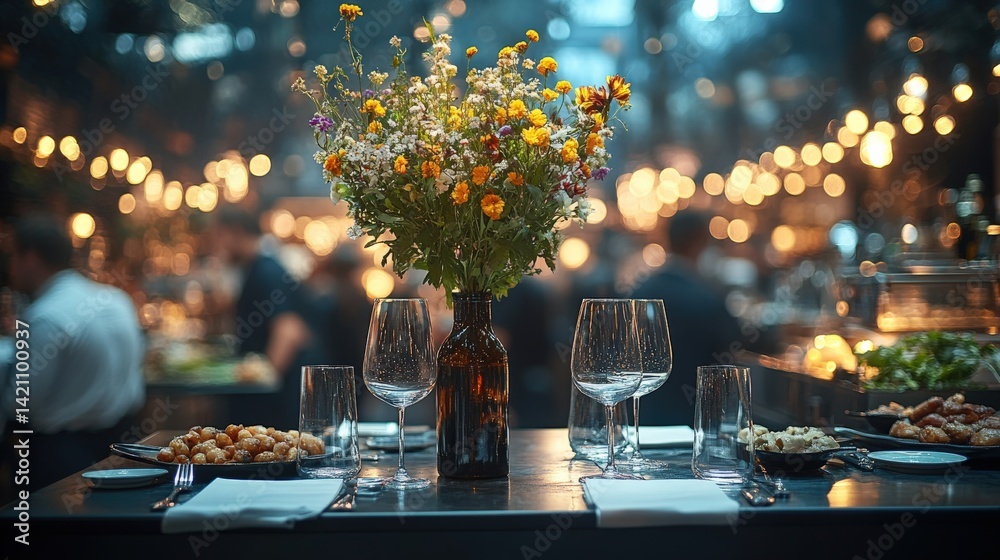 Elegant dining setup with floral centerpiece in a vibrant restaurant atmosphere Elegant dining setup with floral centerpiece in a vibrant restaurant atmosphere