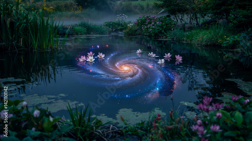 Springtime galaxy reflection in a still pond, flowers merging with constellations, surreal and serene