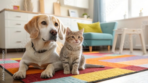 Wallpaper Mural A dog and a cat sit together on a colorful rug in a cozy room, showcasing companionship in a bright and inviting home environment. Torontodigital.ca