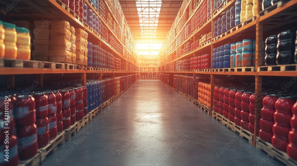 Vast warehouse filled with colorful containers, illuminated by sunset, showcasing organized storage Vast warehouse filled with colorful containers, illuminated by sunset, showcasing organized storage