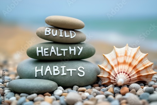 Stacked rocks with words, topped by a shell