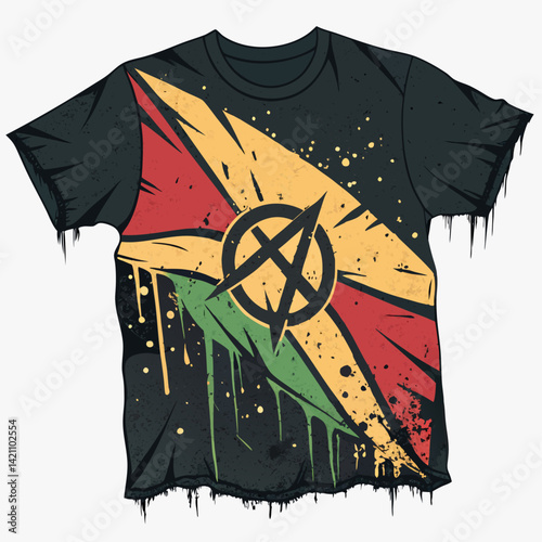 Design a punk-style t-shirt graphic featuring a ripped anarchy flag, incorporating distressed textures and bold typography.