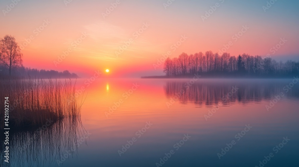 Tranquil dawn breaks over a calm lake with reeds and distant trees reflected in the still waters, painted in vibrant hues of orange and pink Tranquil dawn breaks over a calm lake with reeds and distant trees reflected in the still waters, painted in vibrant hues of orange and pink