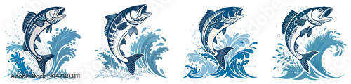 Tribal Fish Illustrations – Jumping Salmon, Trout, and Freshwater Species in Stylized Black Design for Tattoos and transparent background