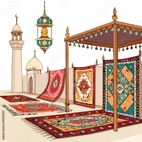 Create a bold vector illustration of a bustling 2D Arabian market scene, emphasizing vibrant colors and intricate details.  Include diverse goods and architecture.