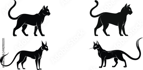 Set of Stylized Black Cat Vector Silhouettes in Various Poses