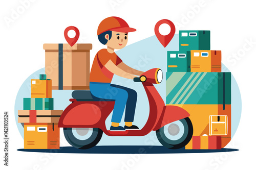 Illustration of a delivery person riding a scooter carrying boxes, representing package delivery service with location markers.