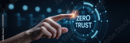 Zero trust security concept displayed on a futuristic interface.