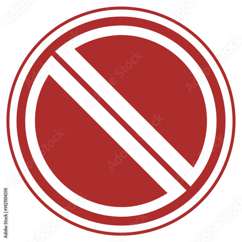 This vector illustration shows a red circle with a diagonal line, a prohibition symbol commonly used on signs to indicate not allowed actions like no smoking or no parking, acting as a visual warning 