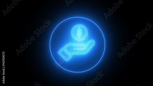 Neon hand holding dollar coin in circle on black background