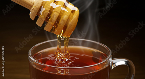 Pouring honey into tea cup with wooden dipper for sweetening hot beverage
