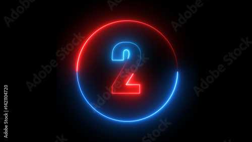 Glowing number two inside neon circle on black background