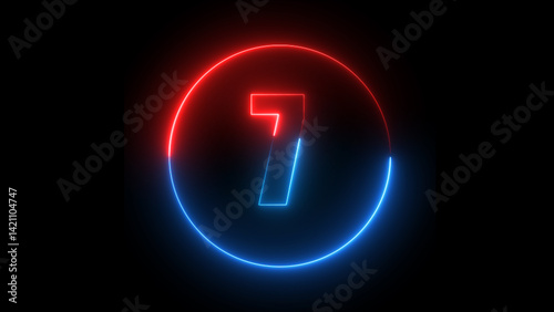 Number seven neon glowing red and blue light on black background