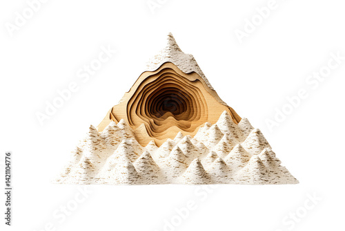 abstract mountain logo made of layered paper cutouts, topographic effect, perfectly centered on pure 