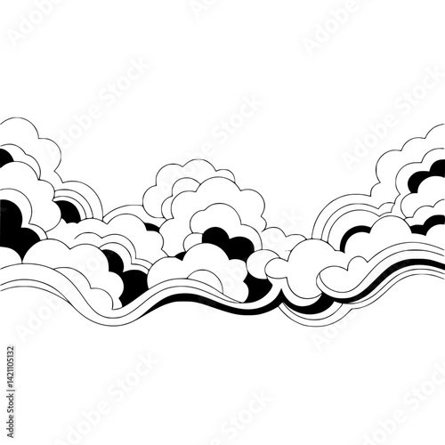 Retro Cloudscape Illustration: Black, White, & Gray Vintage Style