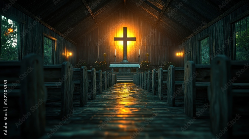 Fototapeta premium Rustic church interior bathed in golden light