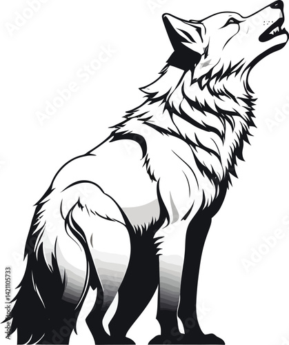 Majestic Howling Wolf Silhouette - High-Contrast Black & White Vector Wildlife Art