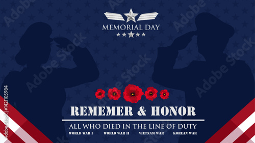 Memorial Day 2025 silhouette illustration with poppy tribute and bold typography to commemorate American fallen soldiers. 