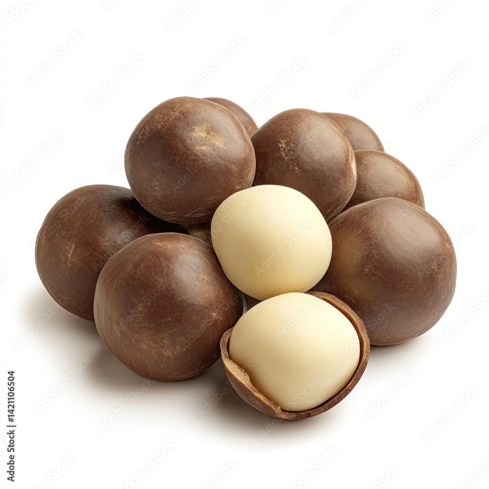 Macadamia nuts dry fruit isolated 3D render on white background Macadamia nuts dry fruit isolated 3D render on white background