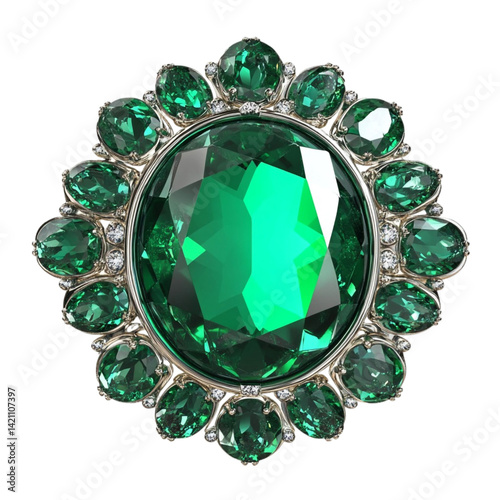 Stunning emerald brooch large green gemstone surrounded by smaller emeralds and diamonds elegant jewelry design