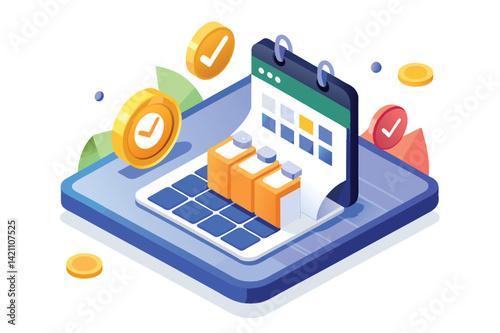 3D illustration of an isometric calendar with chart bars and check-marked coins, symbolizing project planning and task management.